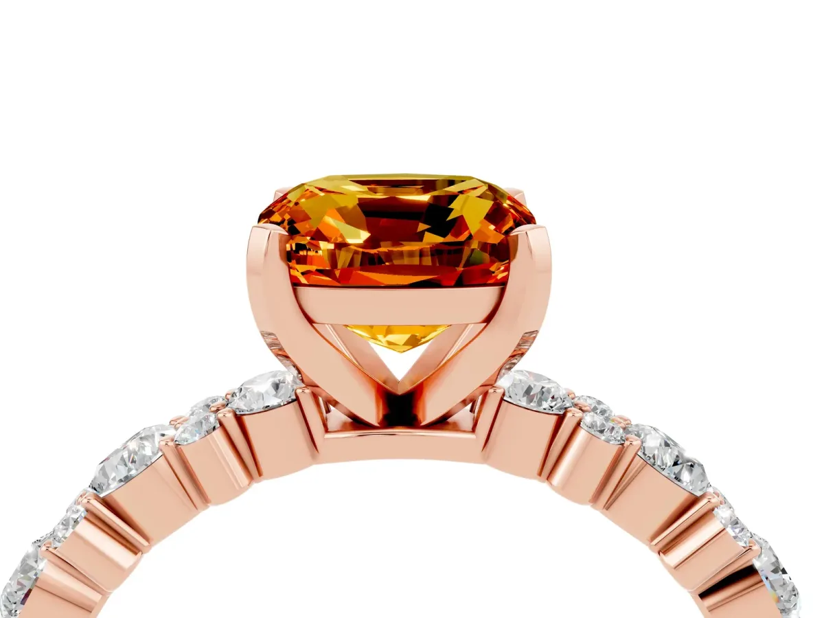 Cushion Cut Citrine Side Stone Solitaire Ring with Round and Four-Prong Setting Rose gold