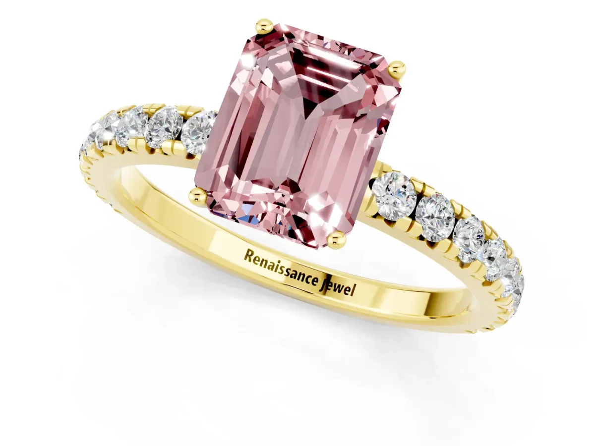 Emerald Cut Morganite Pavé Solitaire Engagement Ring with Four-Prong Setting Yellow gold