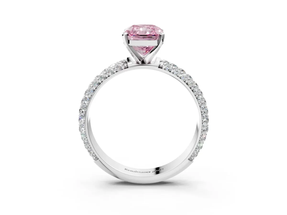 Fancy Pink Radiant Cut Diamond Solitaire Ring with Prong Setting and Pavé Band Platinum