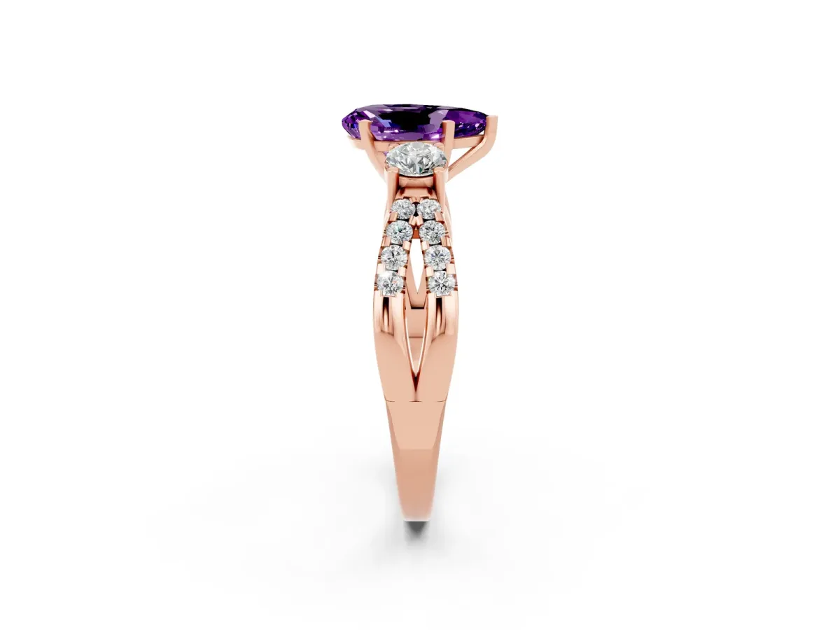 Pear Cut Amethyst Three-Stone Ring with Pavé Split Shank and Four-Prong Setting Rose gold