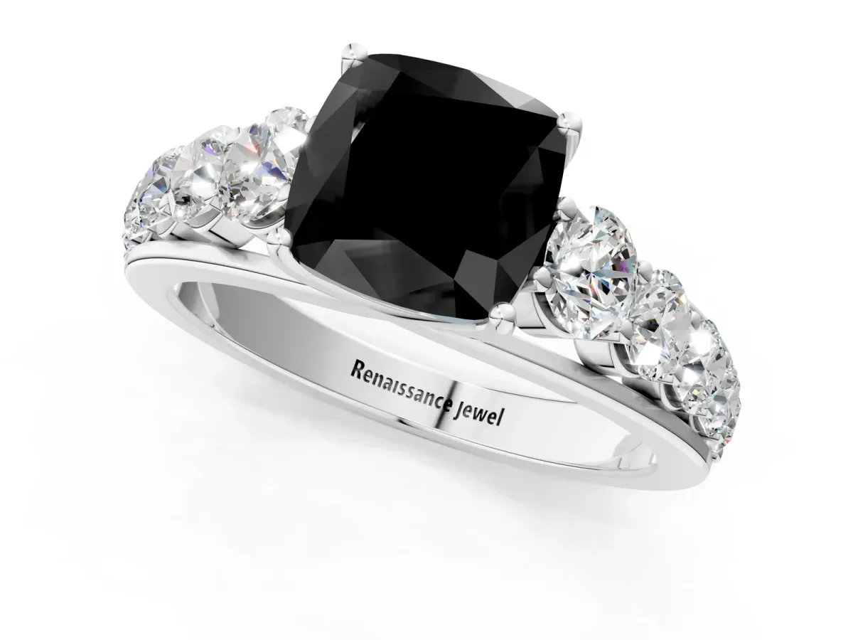 Fancy Black Cushion Cut Brilliant Diamond Pavé Band with Six-Prong Setting Silver