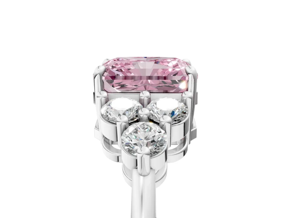 Fancy Pink Radiant Cut Brilliant Diamond Cluster Accent Solitaire Ring with Prong Setting Platinum