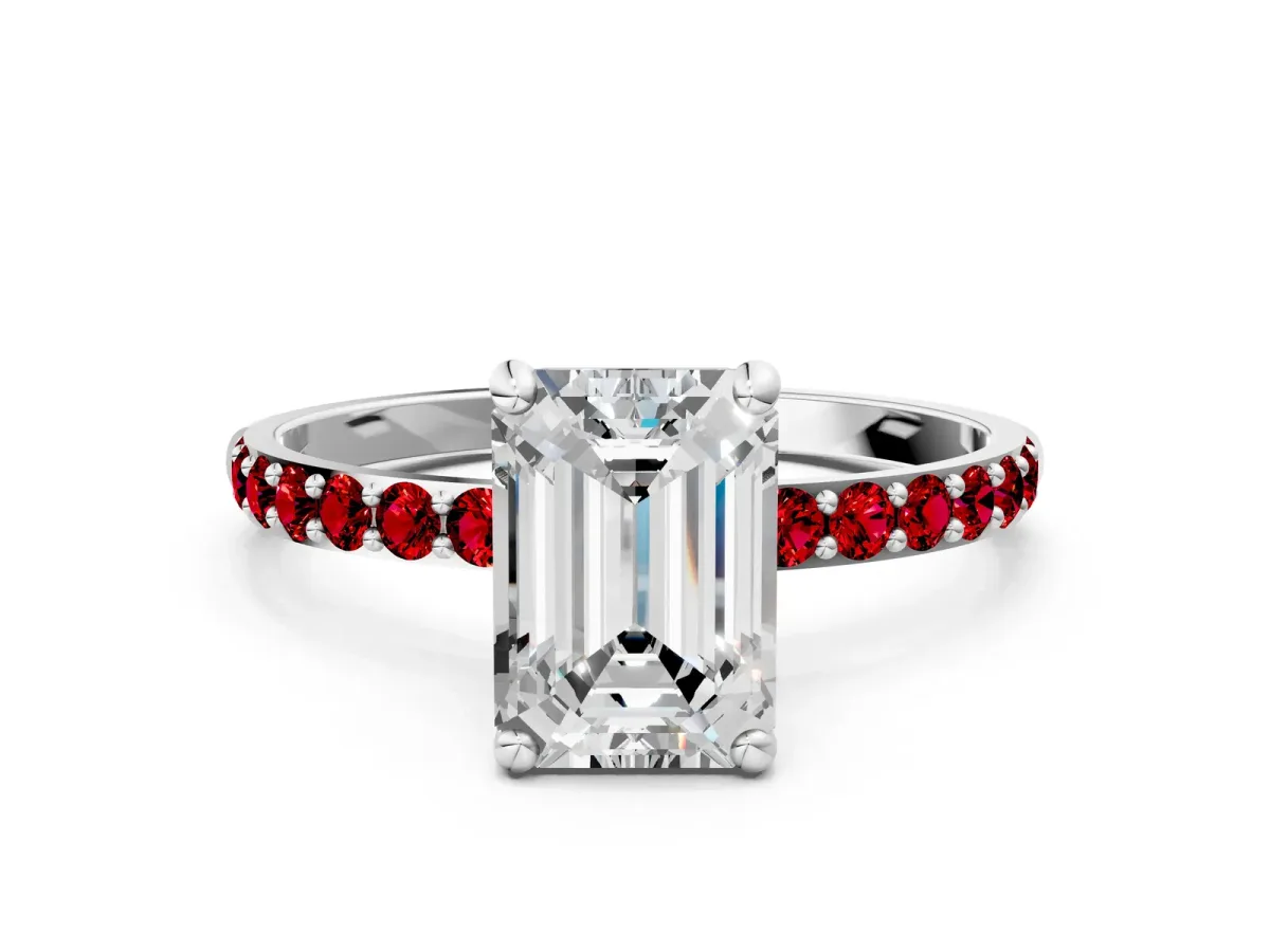 Emerald Cut Diamond Solitaire Ring with Round Ruby Pavé Band and Prong Setting White gold