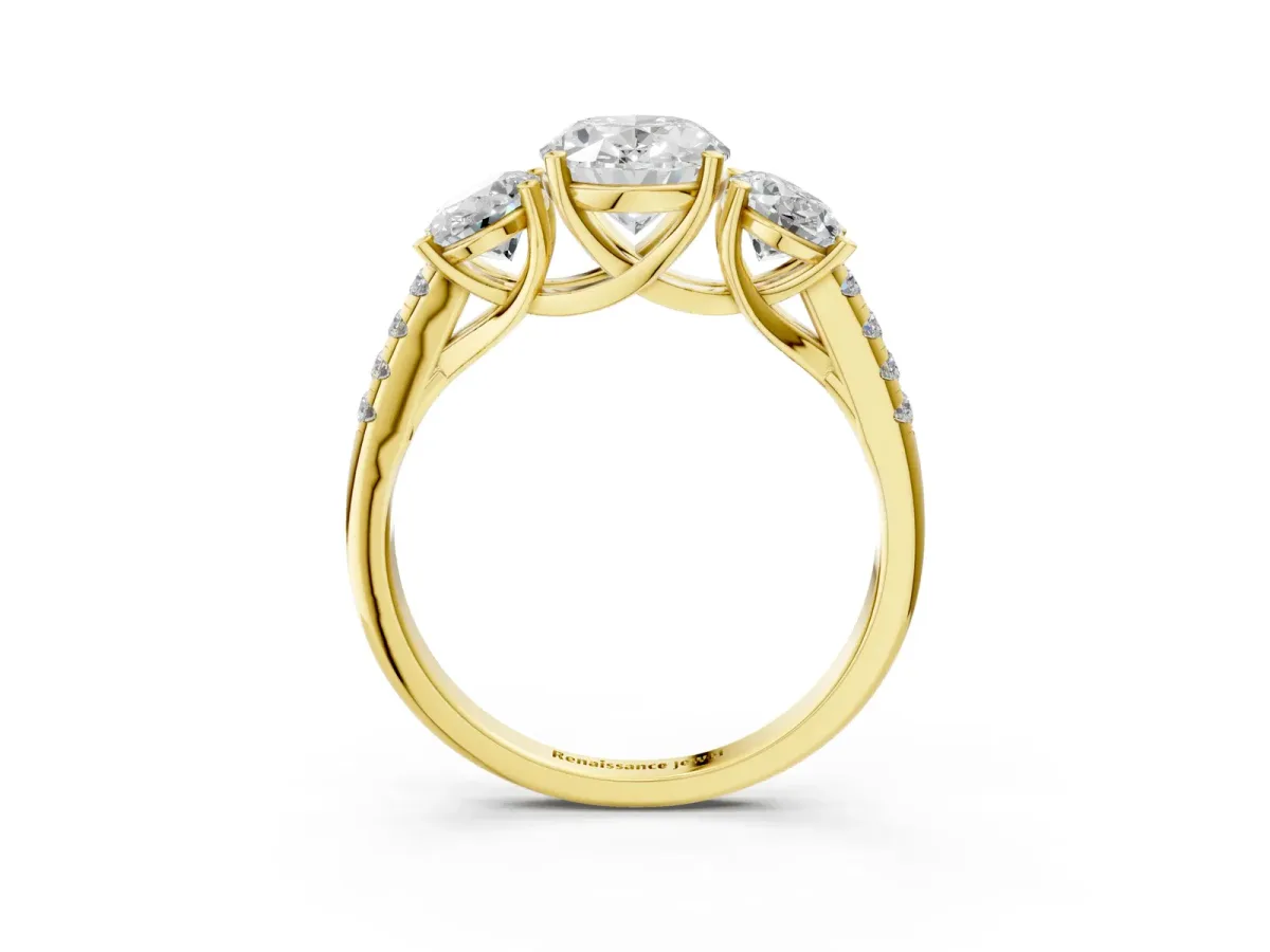 Three-Stone Oval Cut Diamond Ring with Round Pavé Band and Prong Setting Yellow gold