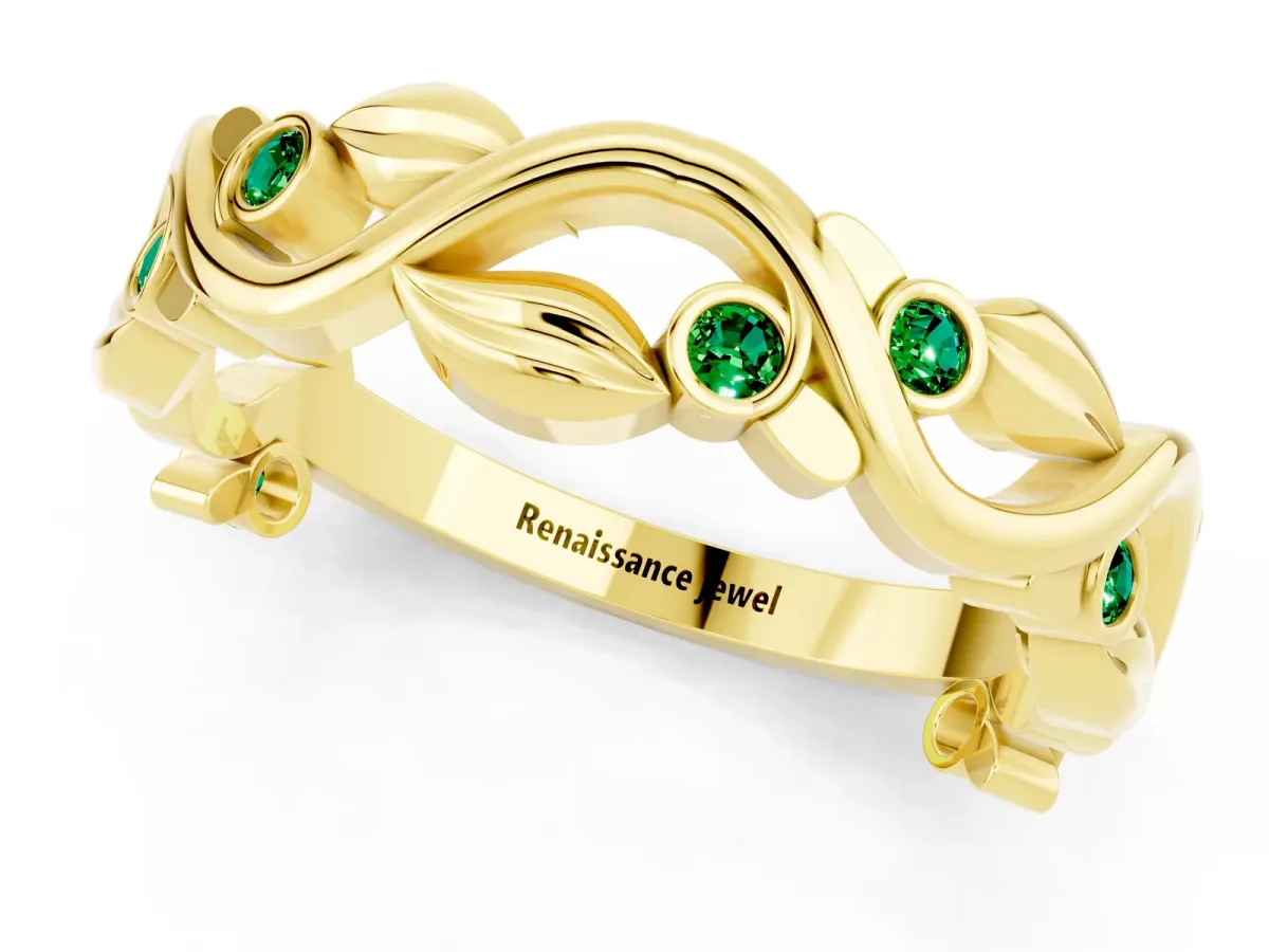 Round Emerald Leaf Eternity Band with Bezel Setting Yellow gold