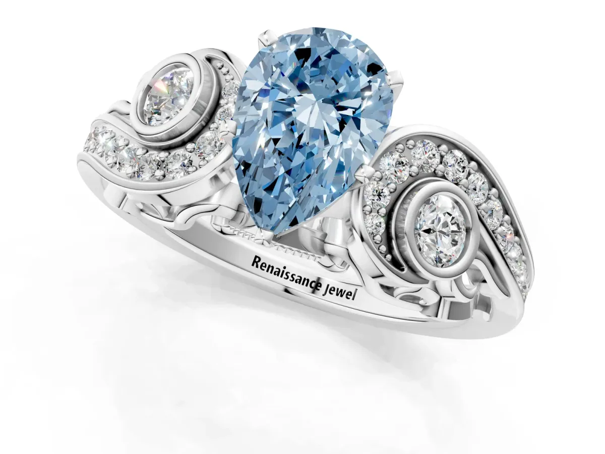 Fancy Blue Pear Cut Diamond Solitaire Ring with Milgrain Pavé Band and Four-Prong Setting Silver