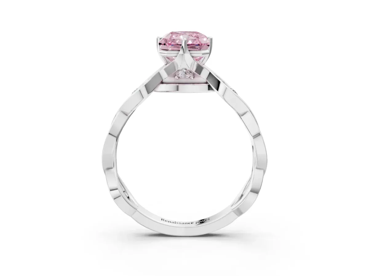 Fancy Pink Radiant Cut Solitaire Twist Band with Leaf Prong Setting Platinum