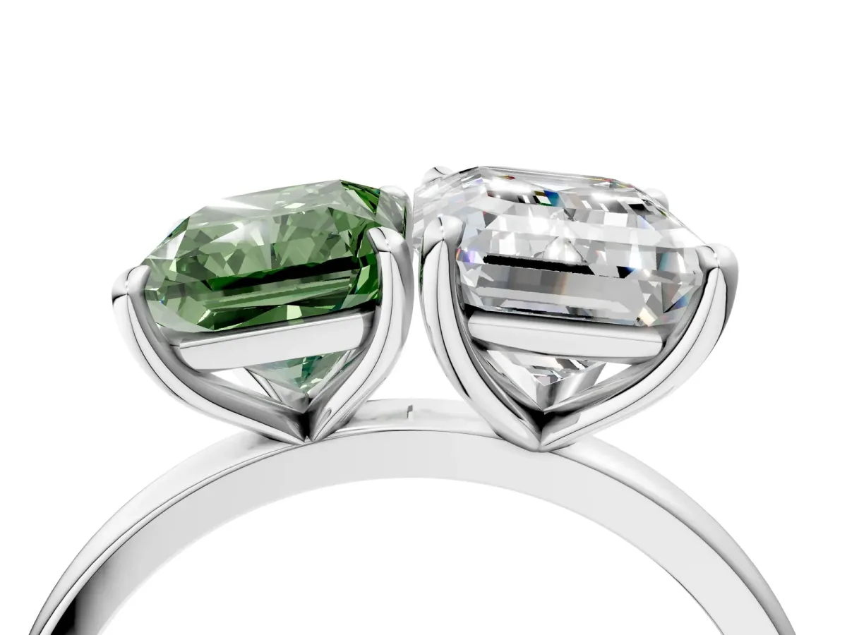 Fancy Green Radiant Cut and Emerald Cut Toi Moi Ring with Prong Setting White gold