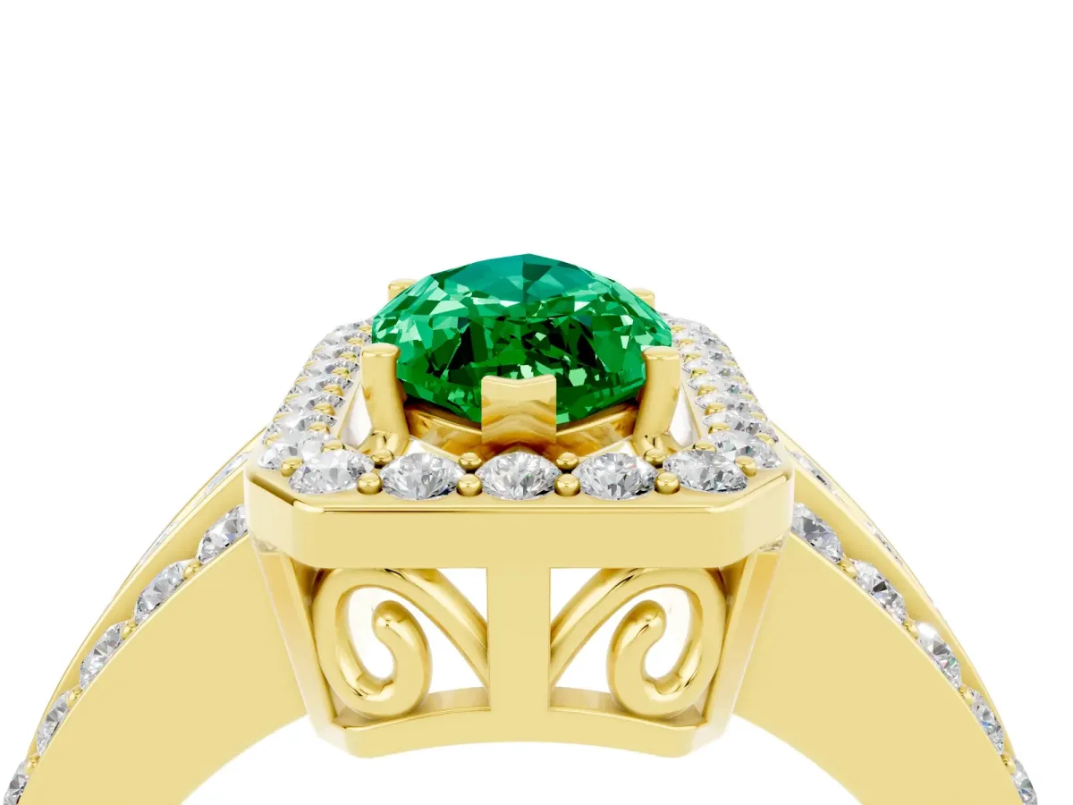 Marquise Cut Halo Emerald Ring with Round Split Shank and Prong Setting Yellow gold