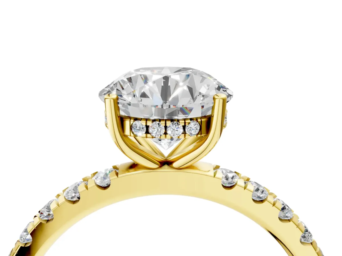 Round Cut Diamond Pave Band Solitaire Ring with Round and Prong Setting Yellow gold