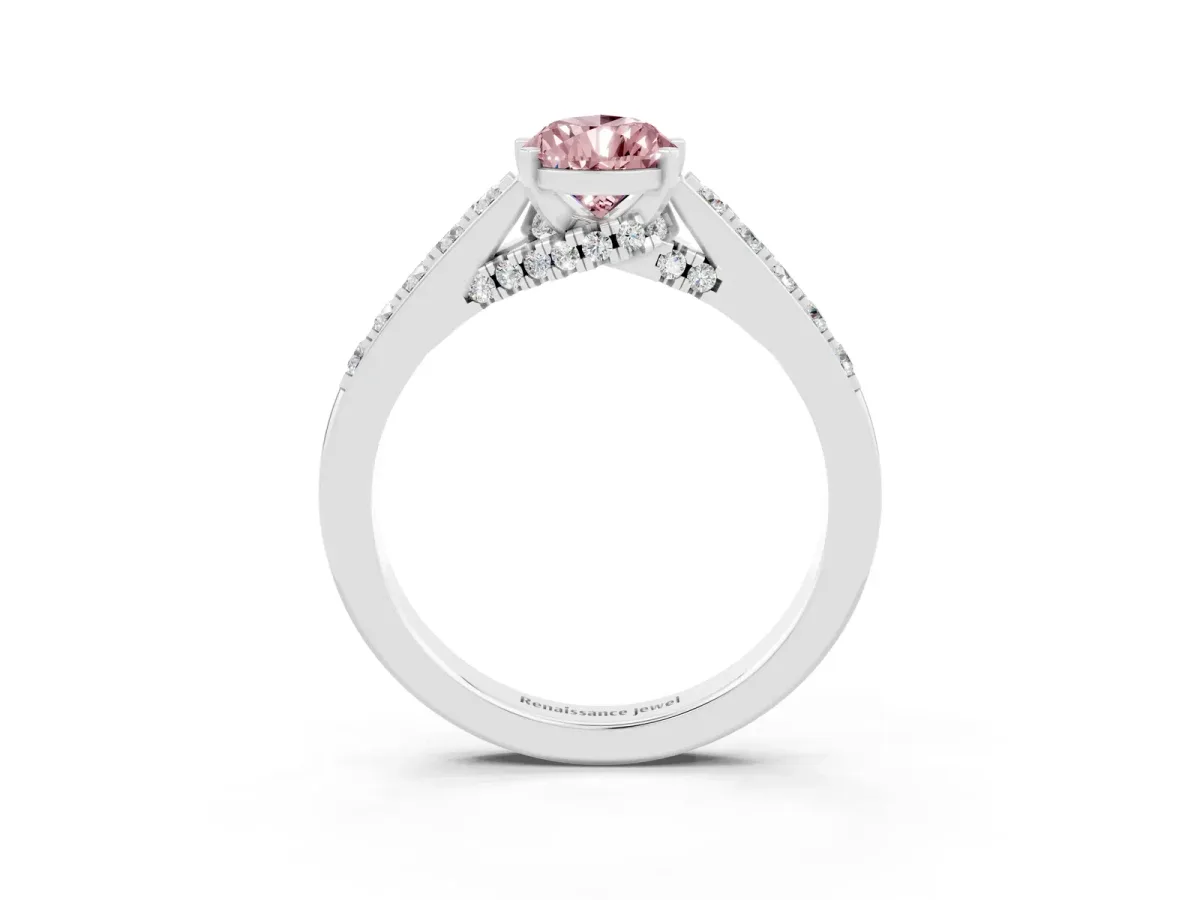Pear Cut Morganite Solitaire Ring with Crossover Gallery and Round Pavé Band Silver