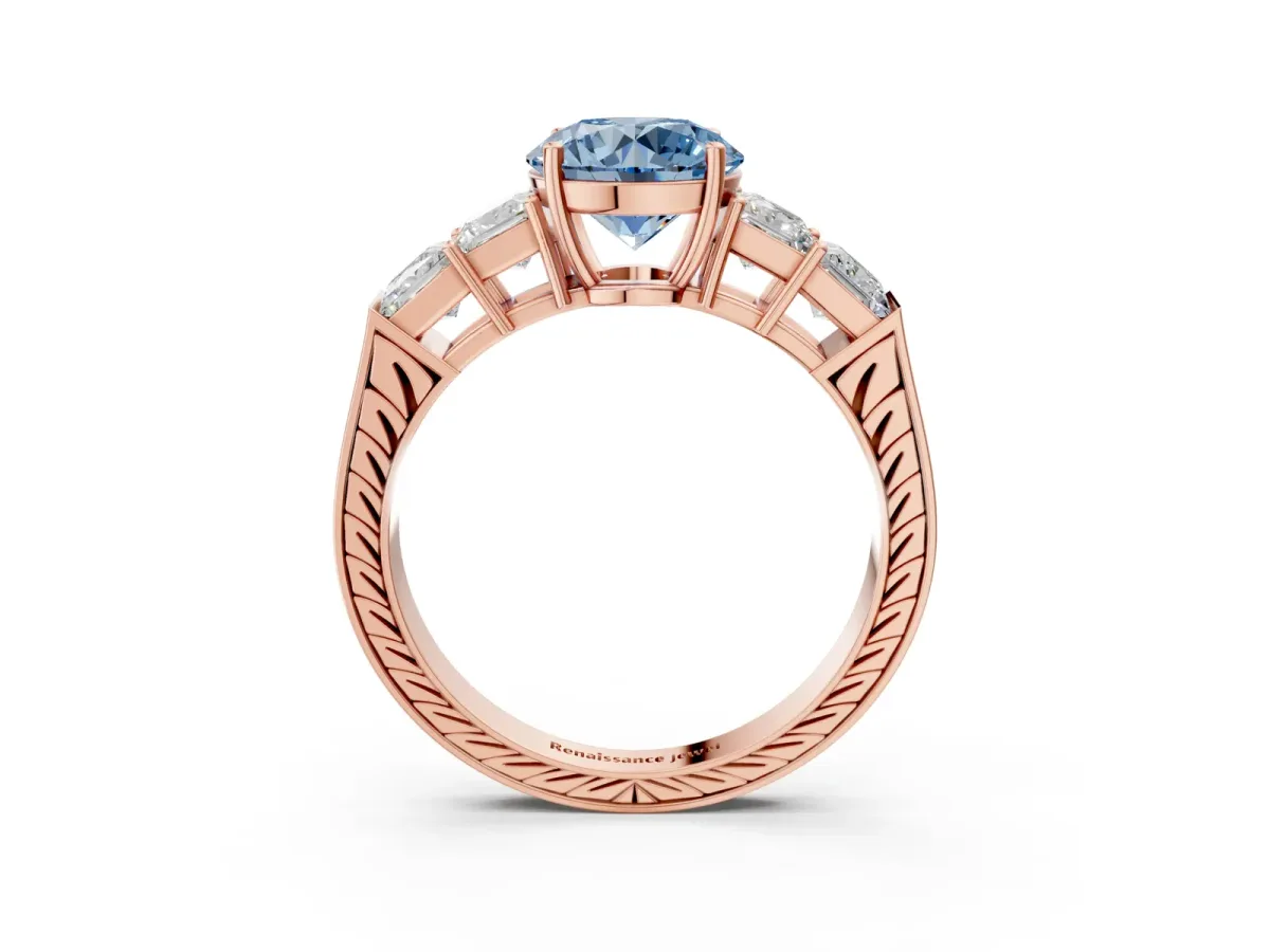 Fancy Blue Round Cut Solitaire Princess Side Stone Engraved Band Prong Setting Ring Rose gold