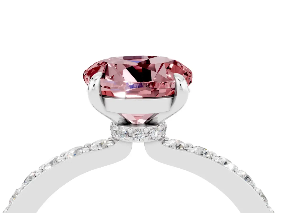 Round Cut Morganite Solitaire Engagement Ring with Pavé Band and Four-Prong Setting Silver