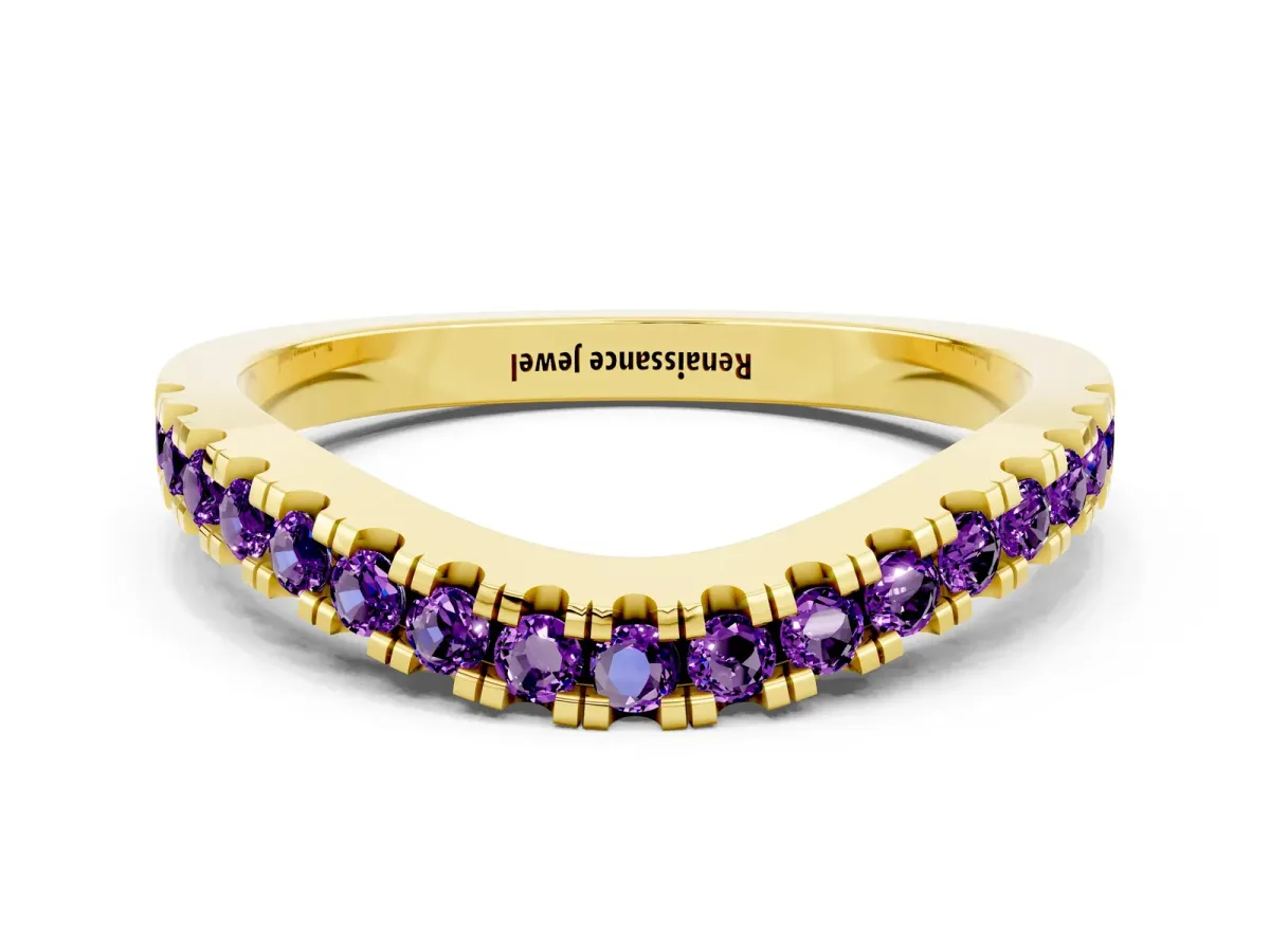 Round Amethyst Pavé Curved Band with Shared Prong Setting Yellow gold