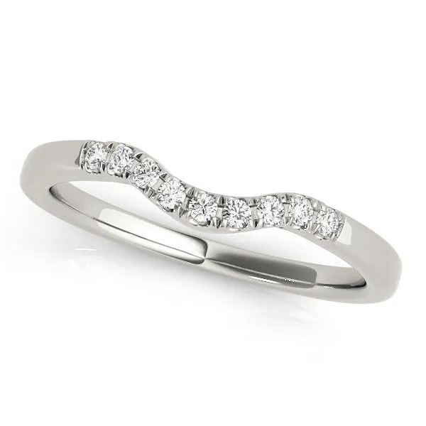 Curved Diamond Wedding Band with Round Cut Stones and Shared Prong Setting Silver