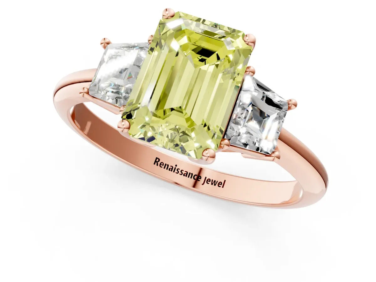 Fancy Yellow Emerald Cut Diamond Three-Stone Ring with Trapezoid Side Stones and Prong Setting Rose gold