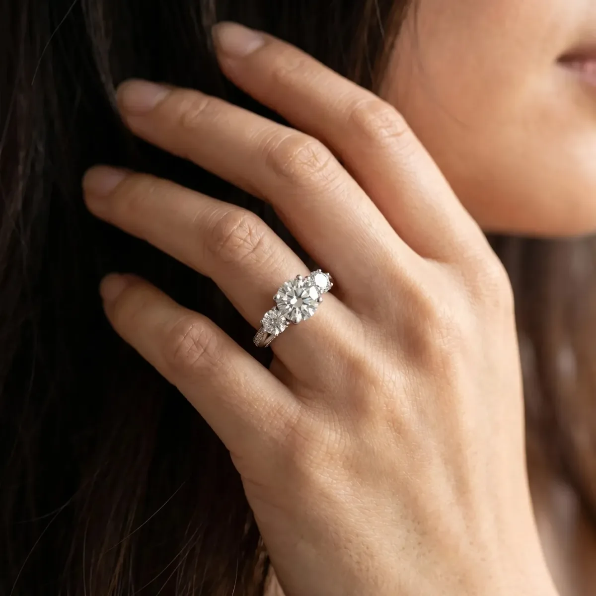 Round Cut Brilliant Three-Stone Engagement Ring with Split Shank and Prong Setting Platinum