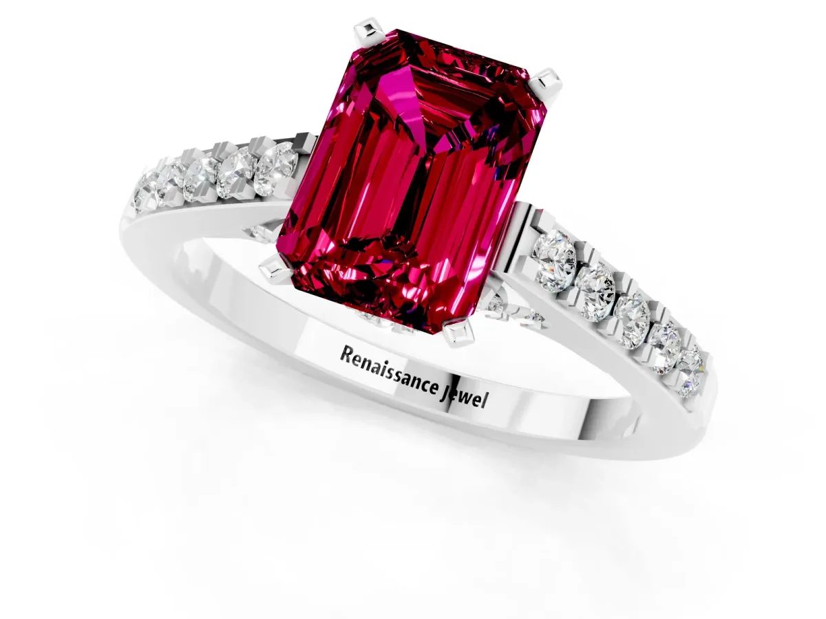 Emerald Cut Garnet Solitaire Ring with Crossover Gallery and Round Pavé Band Silver
