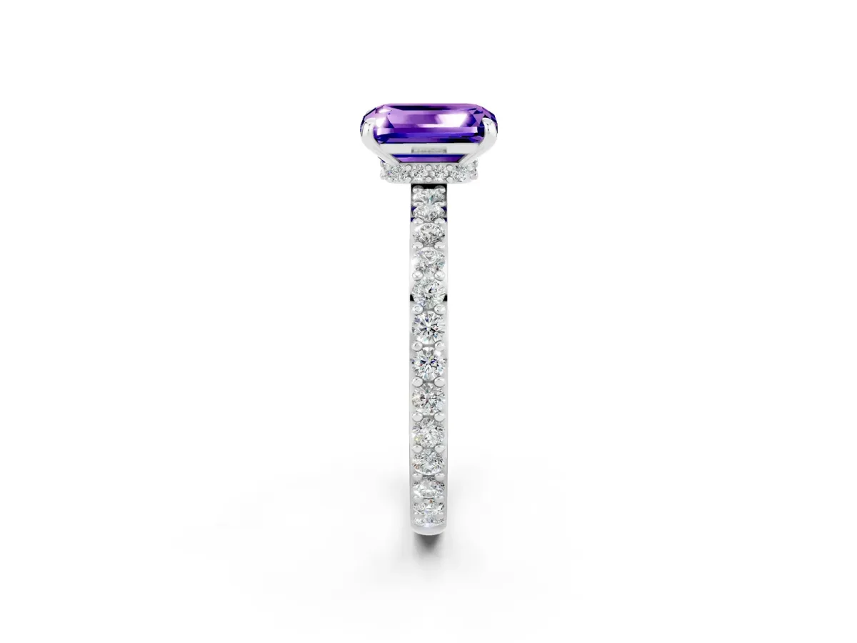 Emerald Cut Tanzanite Solitaire Engagement Ring with Pavé Band and Four-Prong Setting Silver