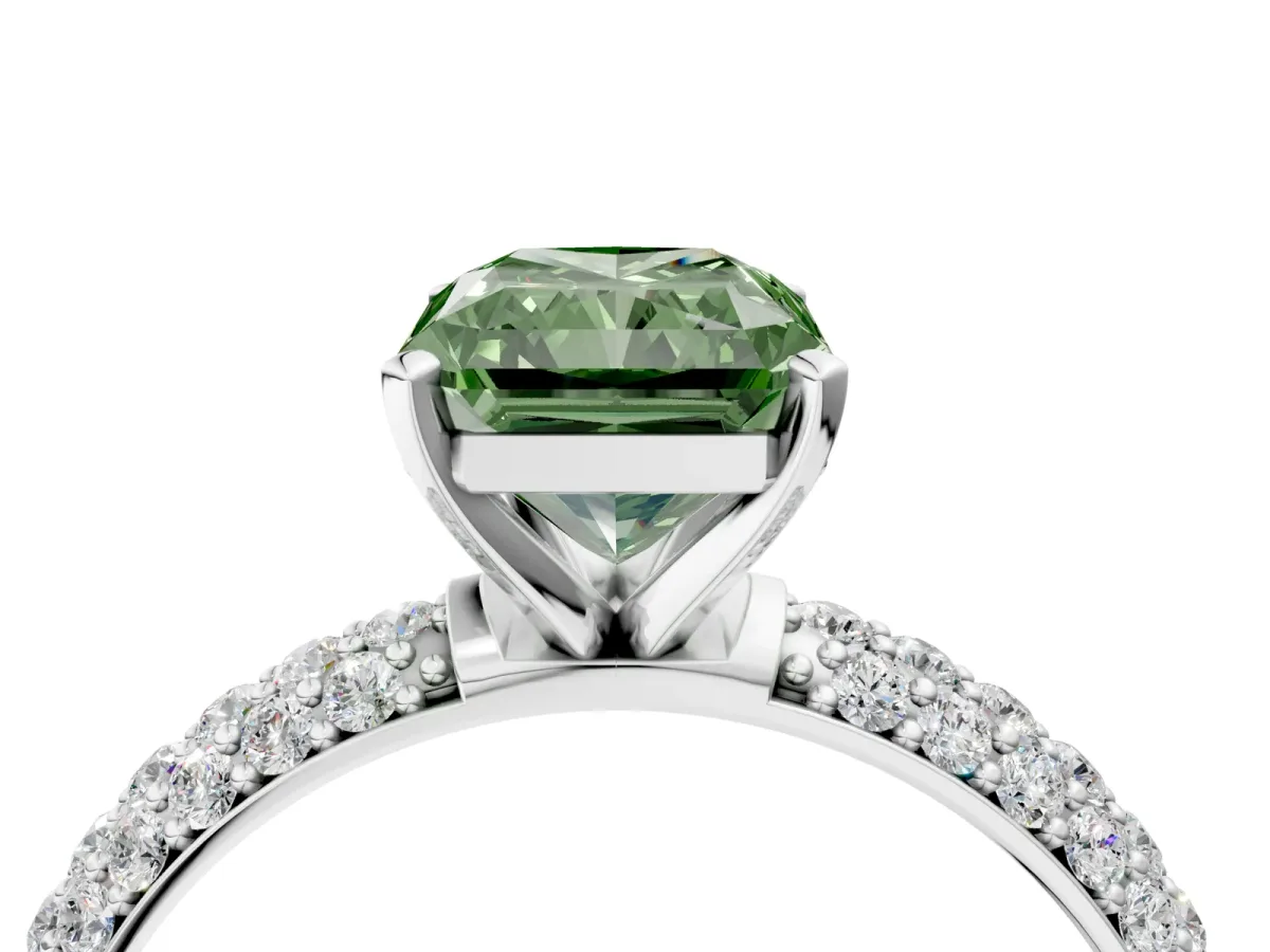 Fancy Green Radiant Cut Diamond Solitaire Ring with Prong Setting and Pavé Band Platinum
