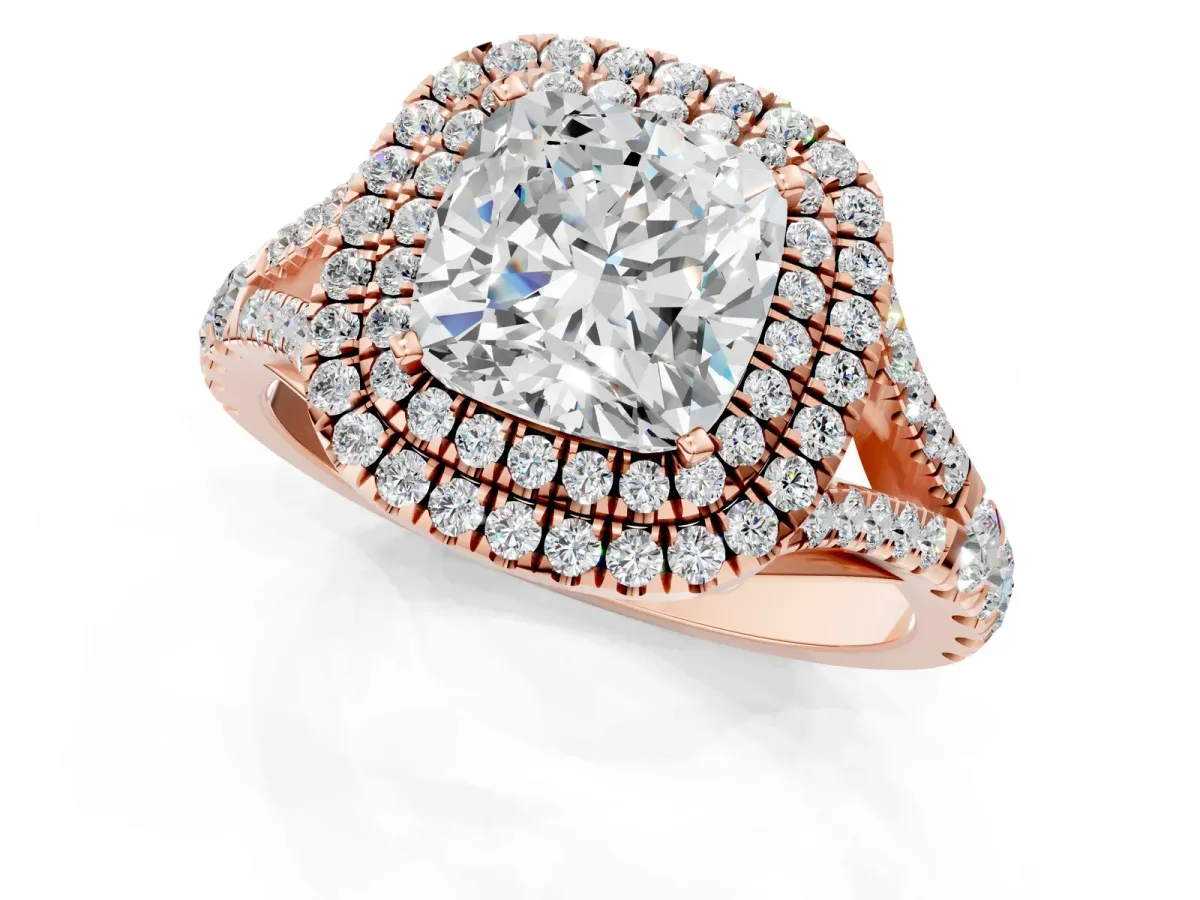 Cushion Cut Diamond Double Halo Ring with Split Shank and Prong Setting Rose gold