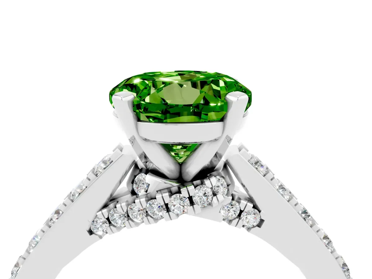 Round Cut Peridot Solitaire Ring with Crossover Gallery and Round Pavé Band Silver