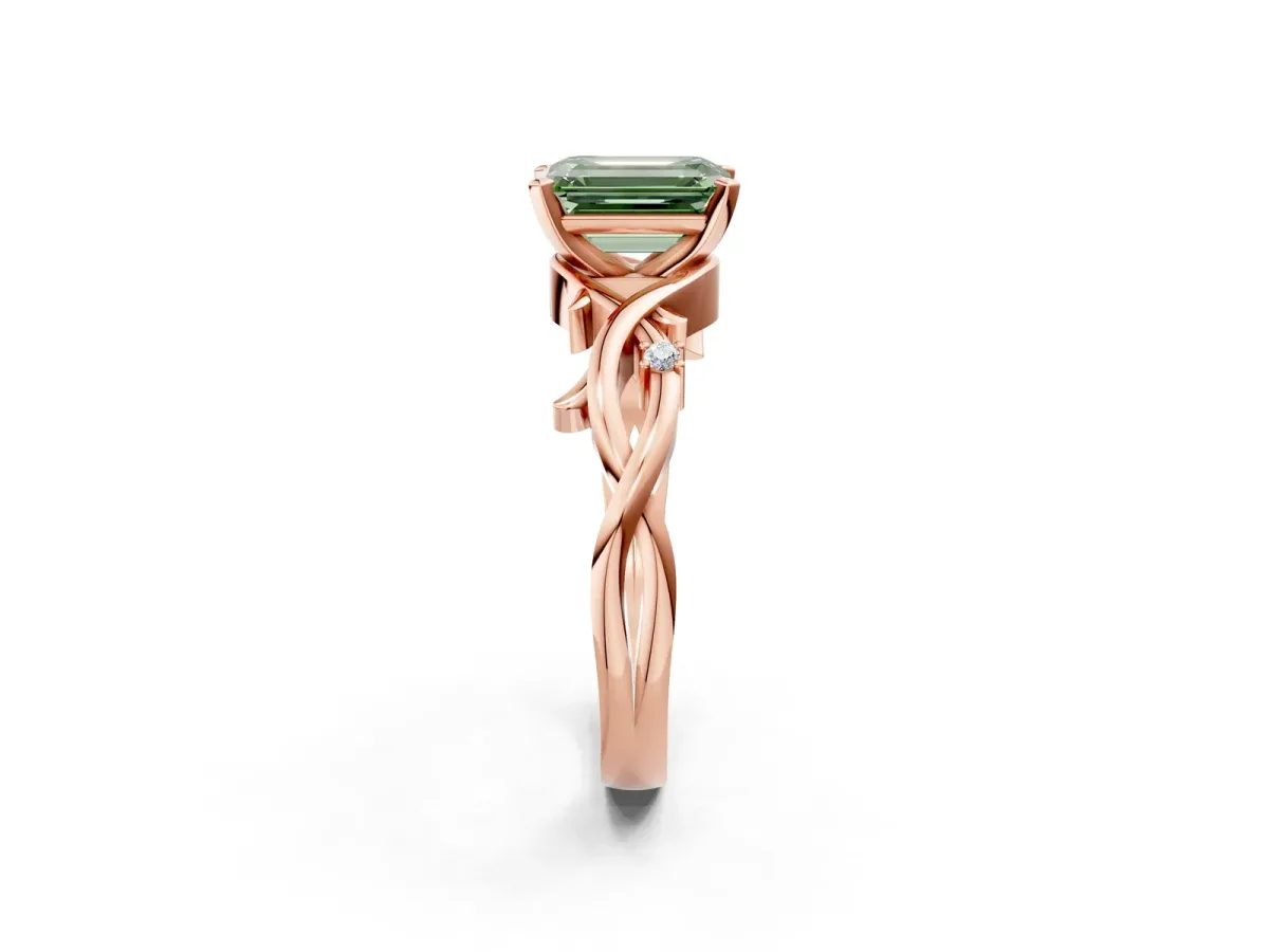 Fancy Green Emerald Cut Diamond Solitaire Ring with Twisted Band and Prong Setting Rose gold