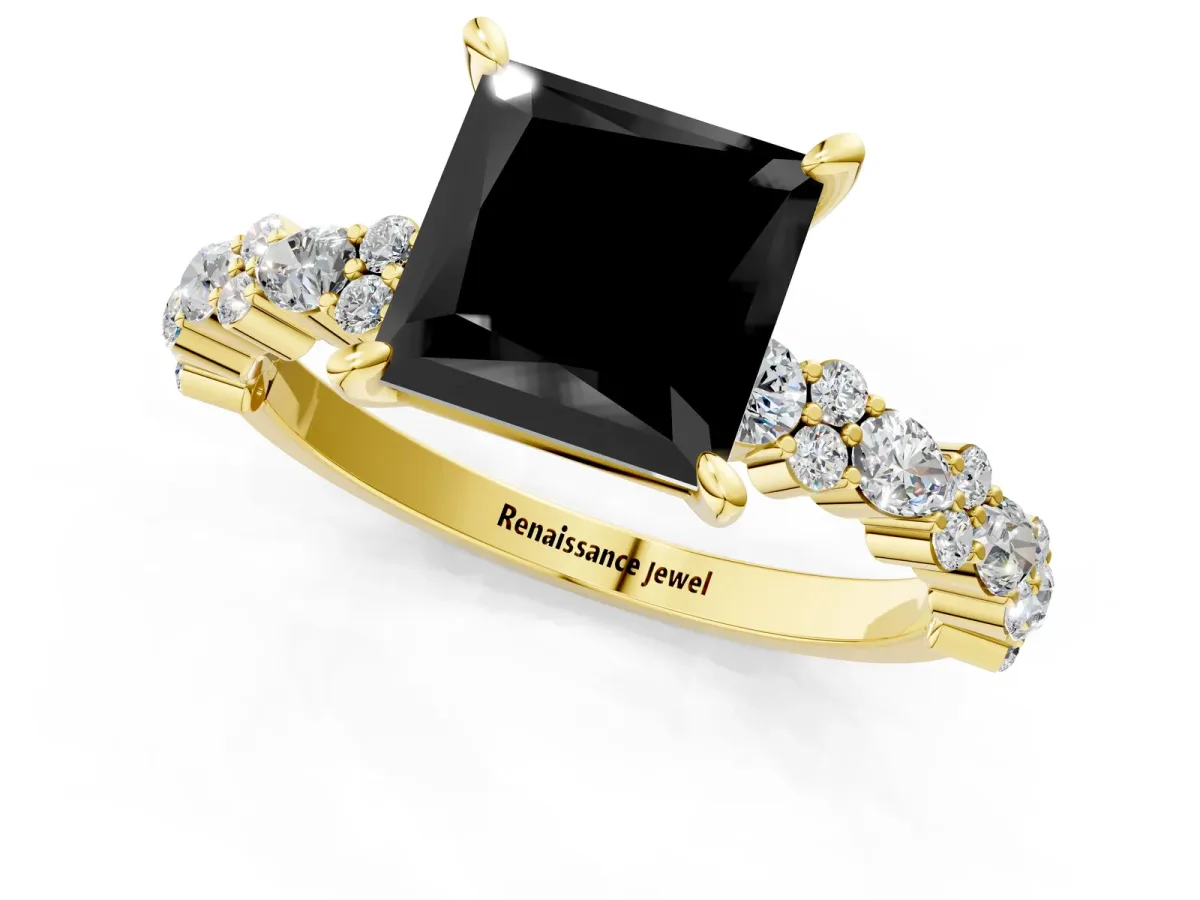 Fancy Black Princess Cut Diamond Side Stone Solitaire Ring with Round and Four-Prong Setting Yellow gold