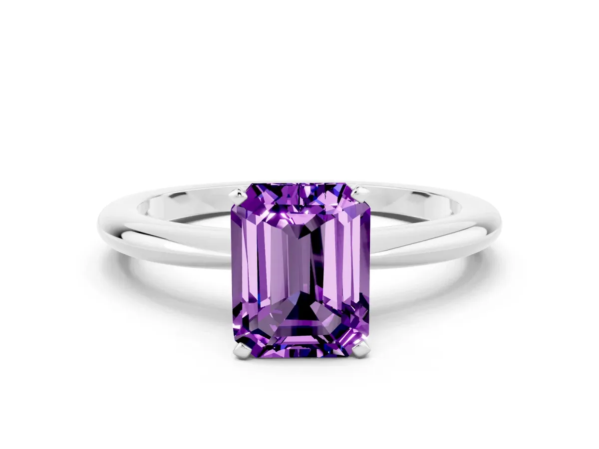 Emerald Cut Amethyst Solitaire Ring with Six-Prong Setting and Classic Band Silver