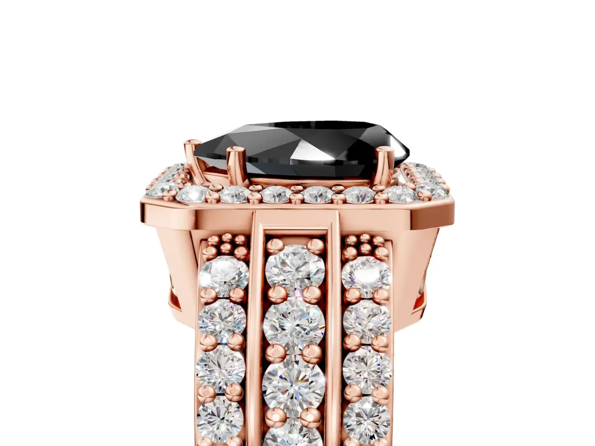 Fancy Black Pear Cut Halo Diamond Ring with Round Split Shank and Prong Setting Rose gold