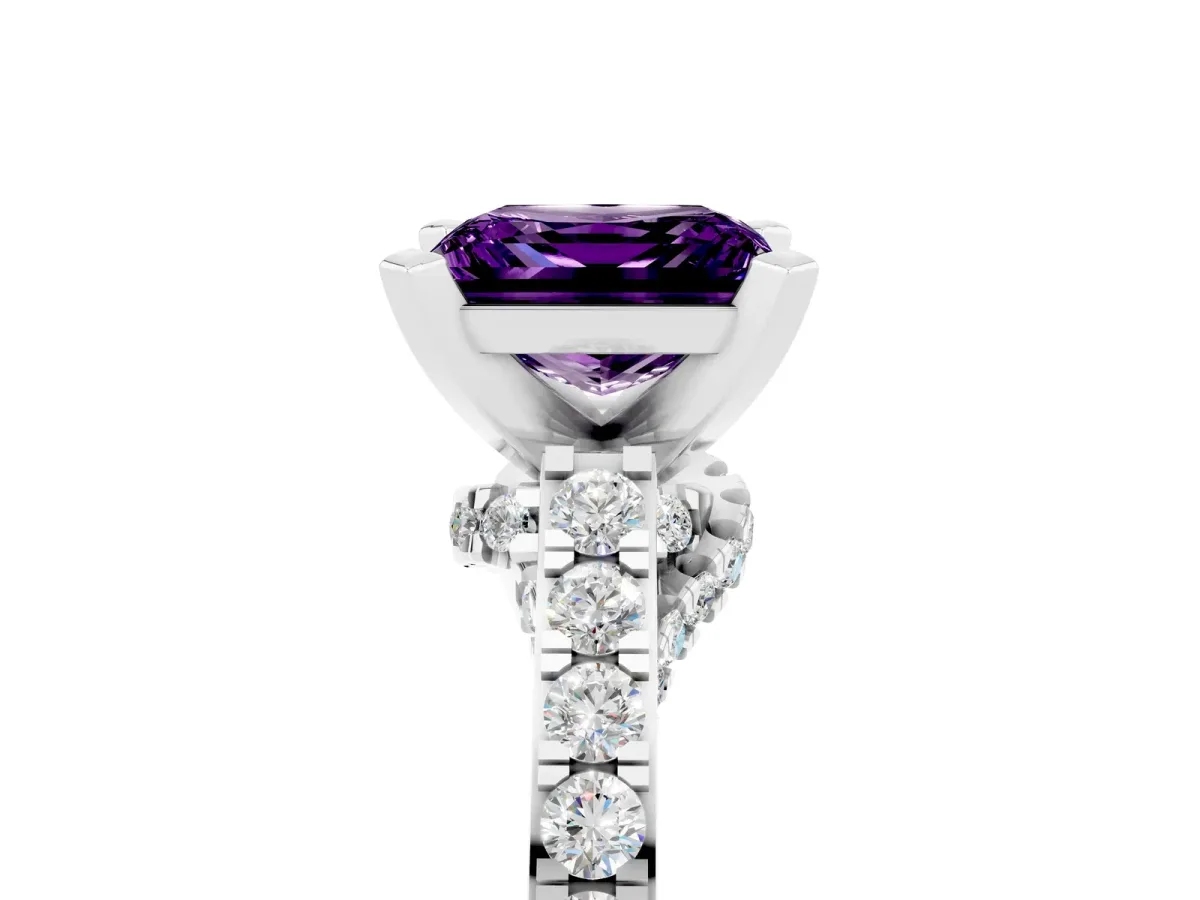 Princess Cut Amethyst Solitaire Ring with Crossover Gallery and Round Pavé Band Silver