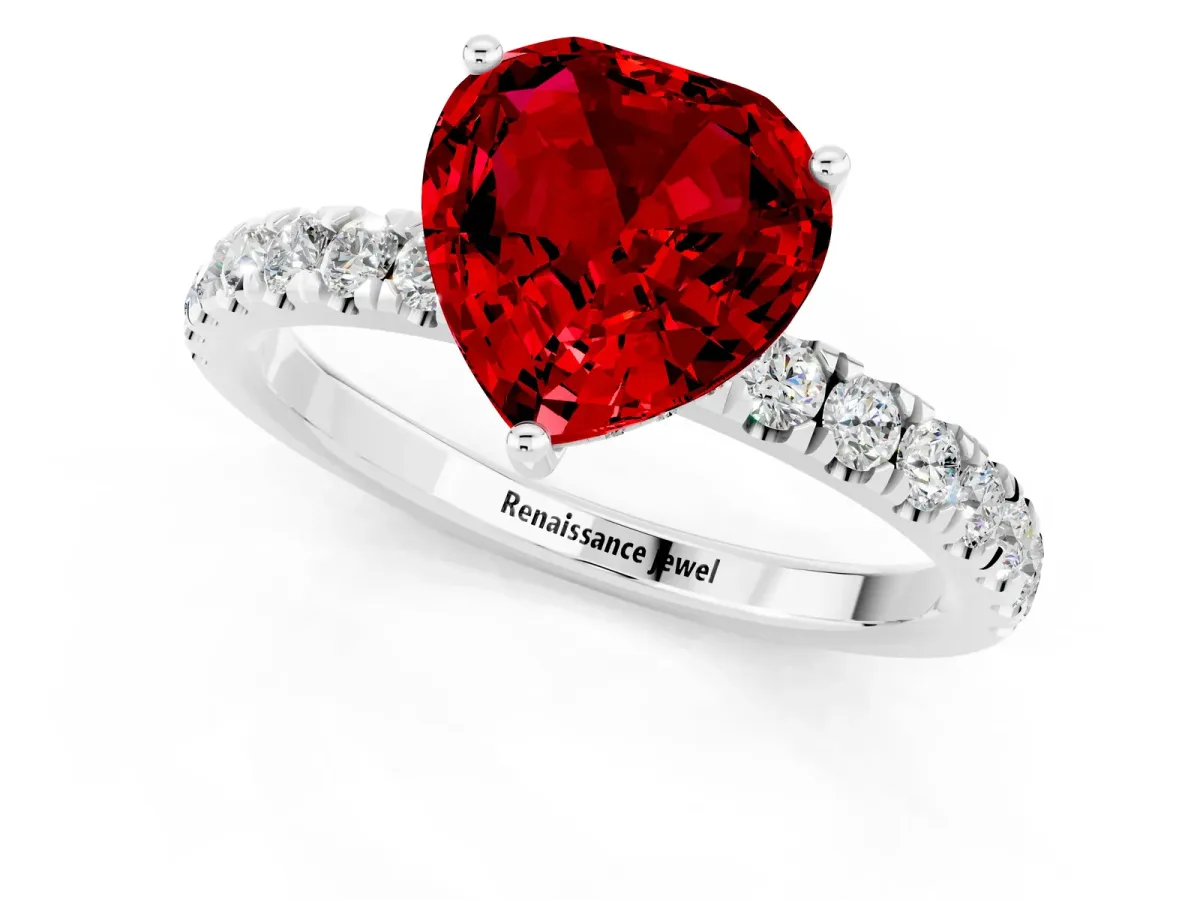 Heart Cut Ruby Pave Band Solitaire Ring with Round and Prong Setting Platinum