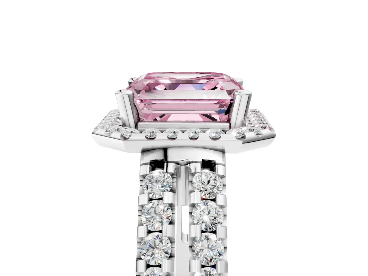 Fancy Pink Asscher Cut Halo Diamond Split Shank Engagement Ring with Prong Setting Platinum