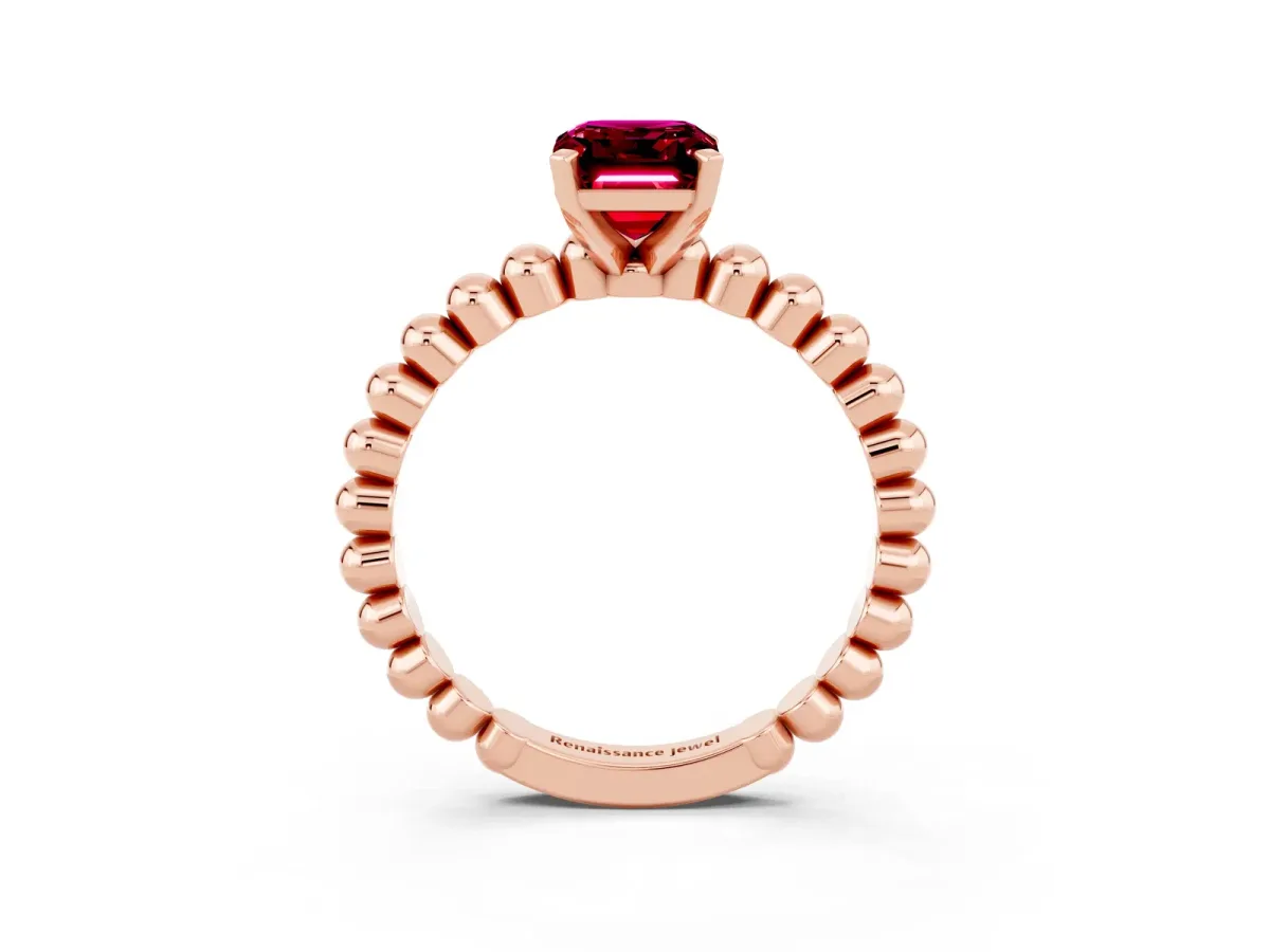 Emerald Cut Garnet Solitaire Ring with Beaded Band and Prong Setting Rose gold