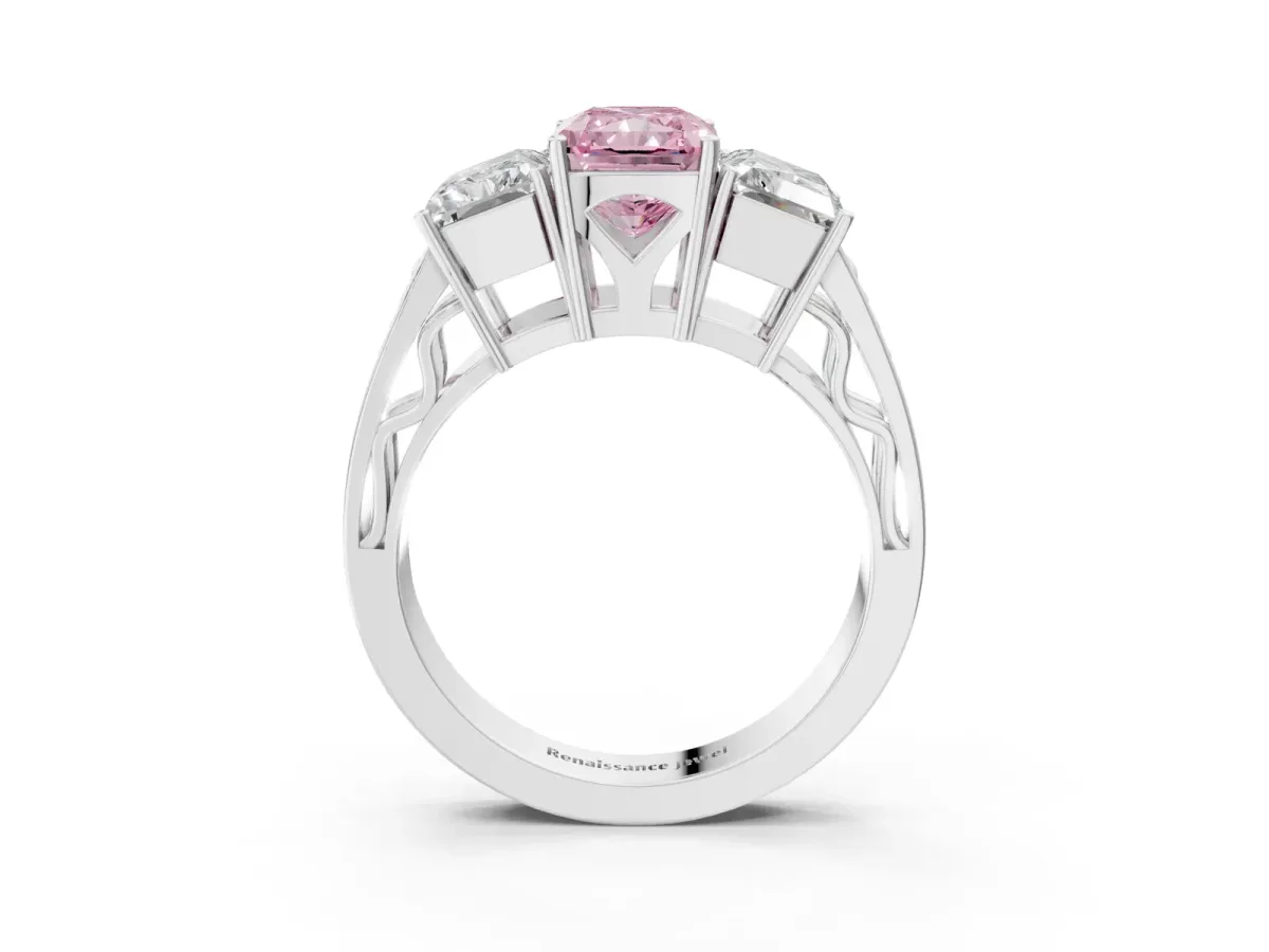 Fancy Pink Radiant Cut Diamond Three-Stone Ring with Prong Setting and Textured Band Platinum