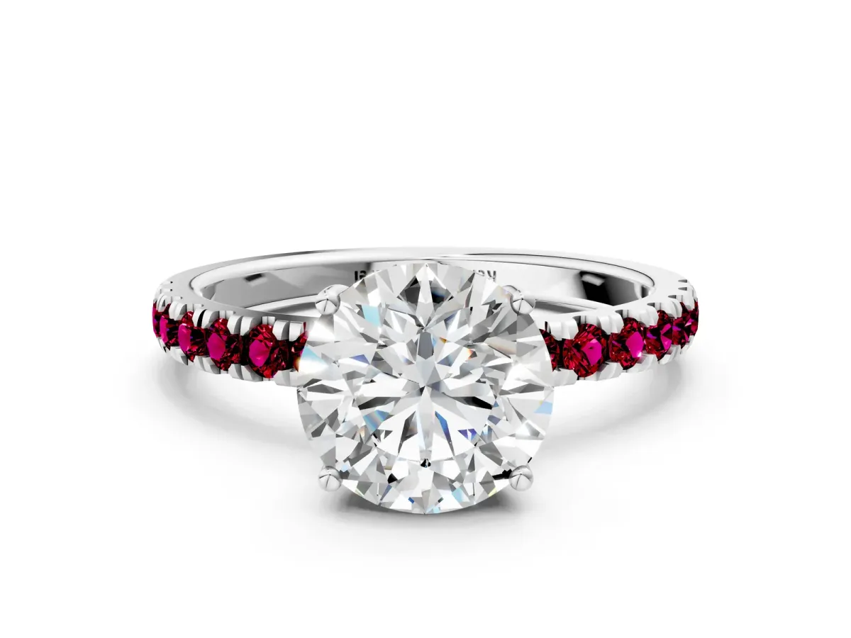 Round Cut Diamond Pave Band Solitaire Ring with Round Tanzanite and Prong Setting Platinum