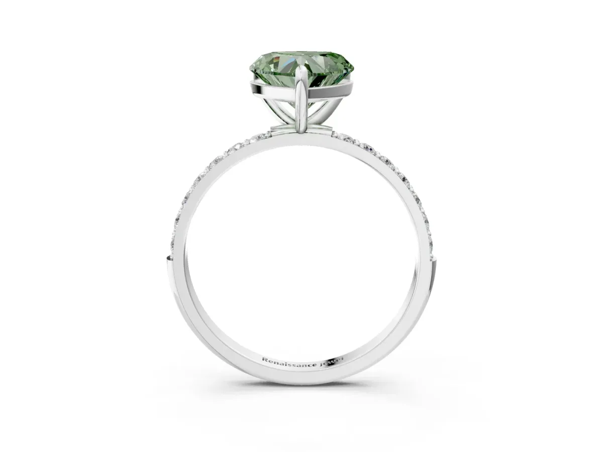 Fancy Green Heart Cut Diamond Solitaire Ring with Round Pavé Band and Prong Setting Silver