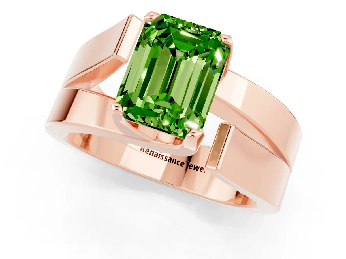 Modern Tension Set Emerald Cut Peridot Solitaire Wide Band Ring Rose gold