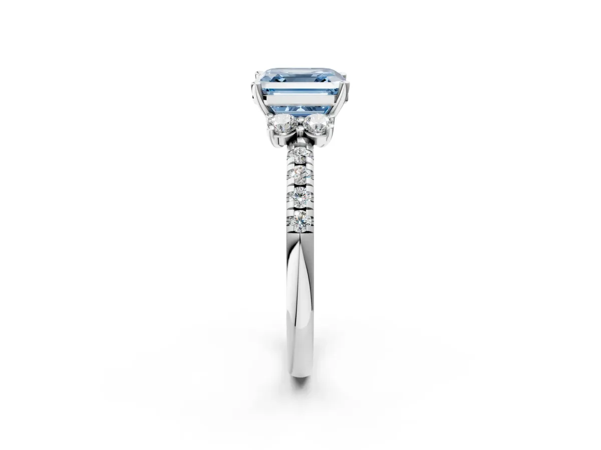 Fancy Blue Asscher Cut Diamond Three-Stone Pave Band with Four-Prong Setting Platinum