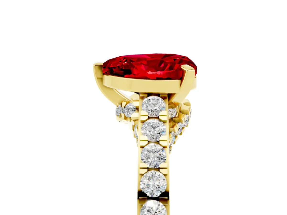 Heart Cut Ruby Solitaire Ring with Crossover Gallery and Round Pavé Band Yellow gold
