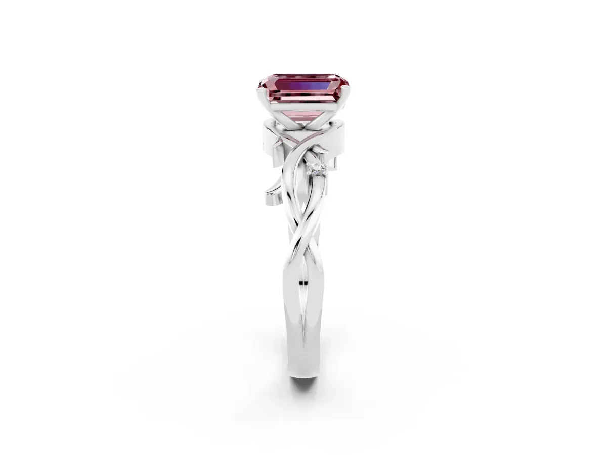 Emerald Cut Morganite Solitaire Ring with Twisted Band and Prong Setting White gold