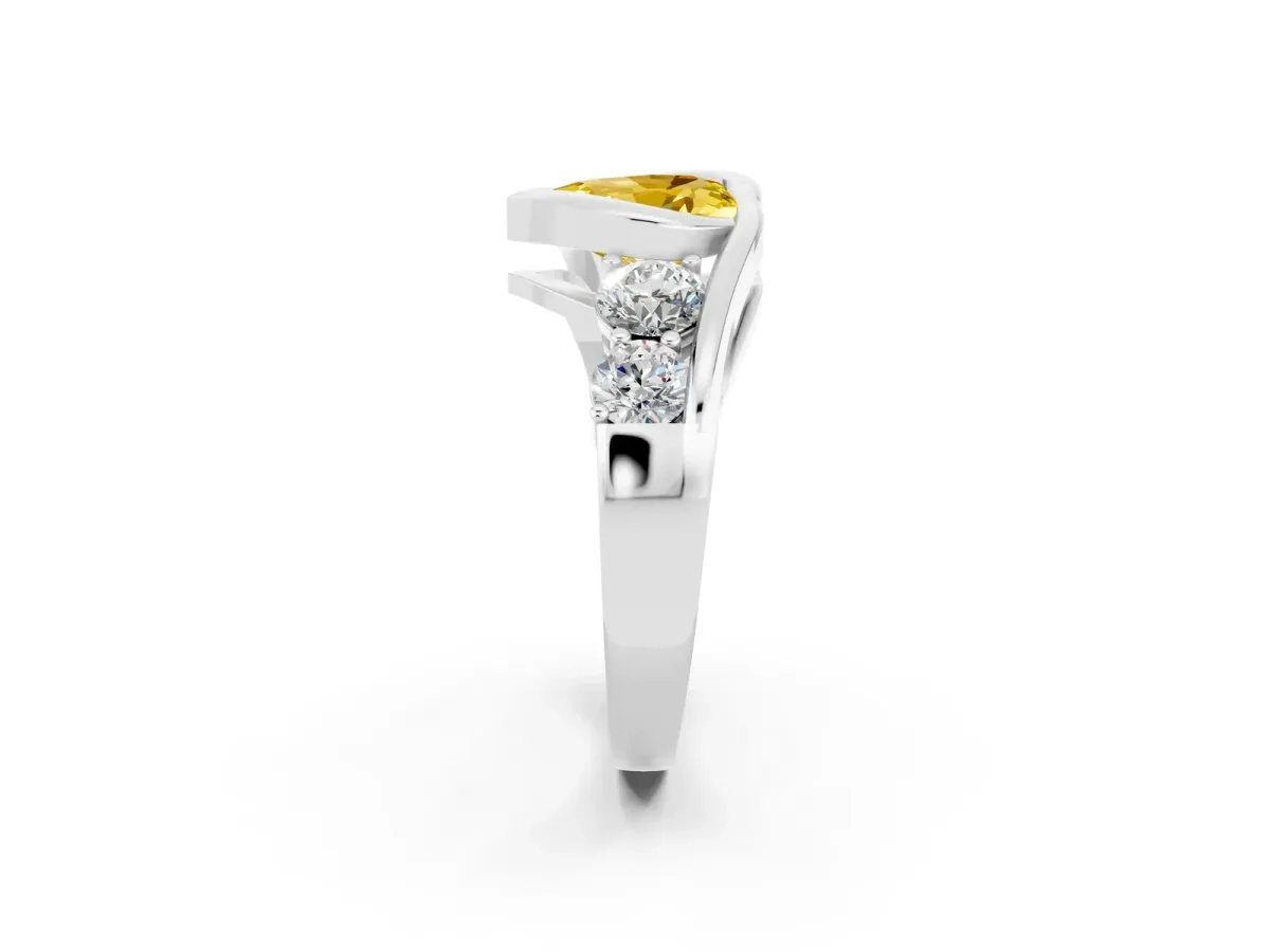Bezel Set Heart Cut Yellow Sapphire Bypass Ring with Round Accents Silver
