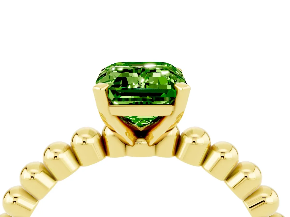 Emerald Cut Peridot Solitaire Ring with Beaded Band and Prong Setting Yellow gold