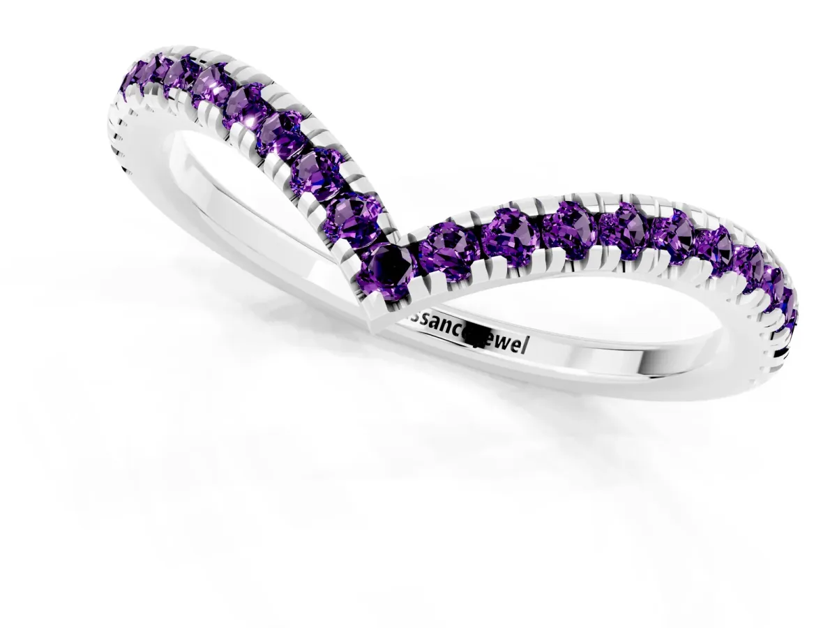 Pavé Round Amethyst V-Shaped Chevron Band with Shared Prong Setting White gold