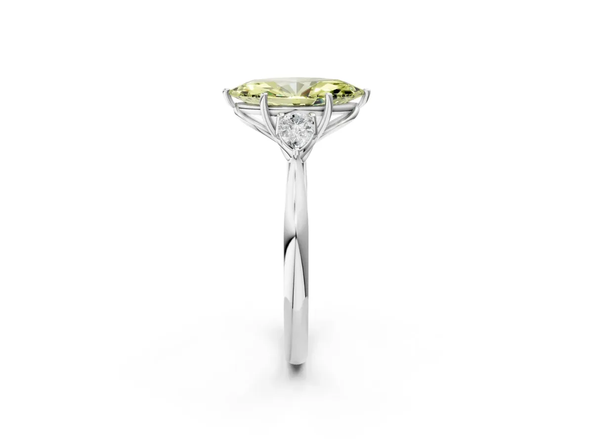 Fancy Yellow Marquise Cut Diamond Three-Stone Ring with Pear Side Stones and Prong Setting White gold