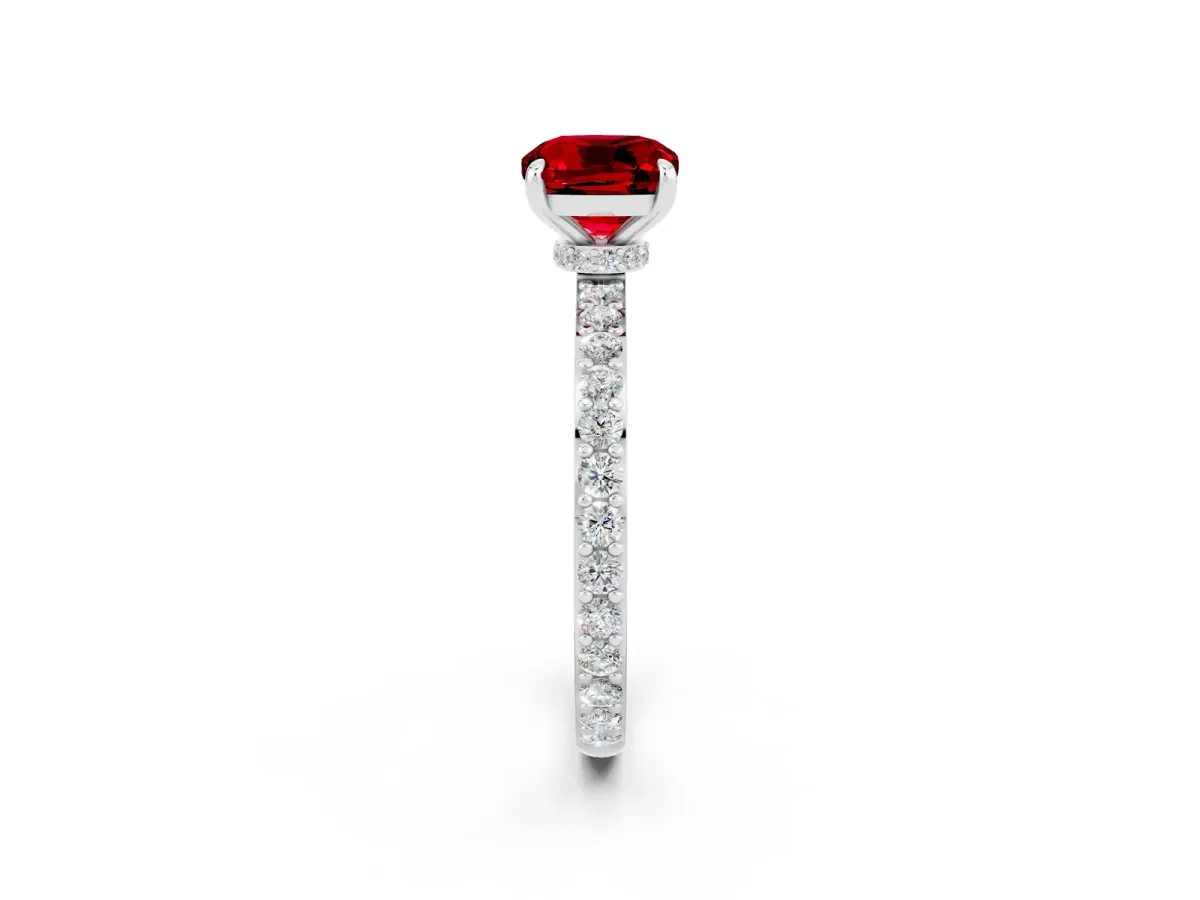 Cushion Cut Ruby Pavé Engagement Ring with Round Accents and Prong Setting Platinum