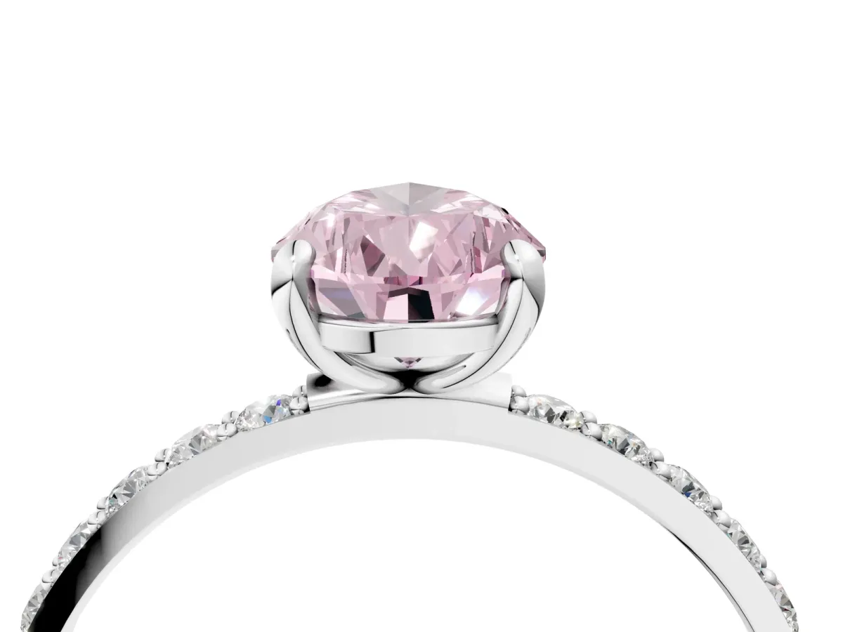 Fancy Pink Pear Cut Diamond Solitaire Ring with Round Pavé Band and Prong Setting Silver