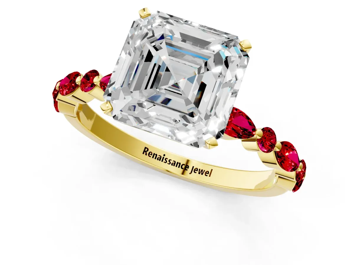 Asscher Cut Diamond Ring with Marquise and Round Ruby Side Stones and Four-Prong Setting Yellow gold