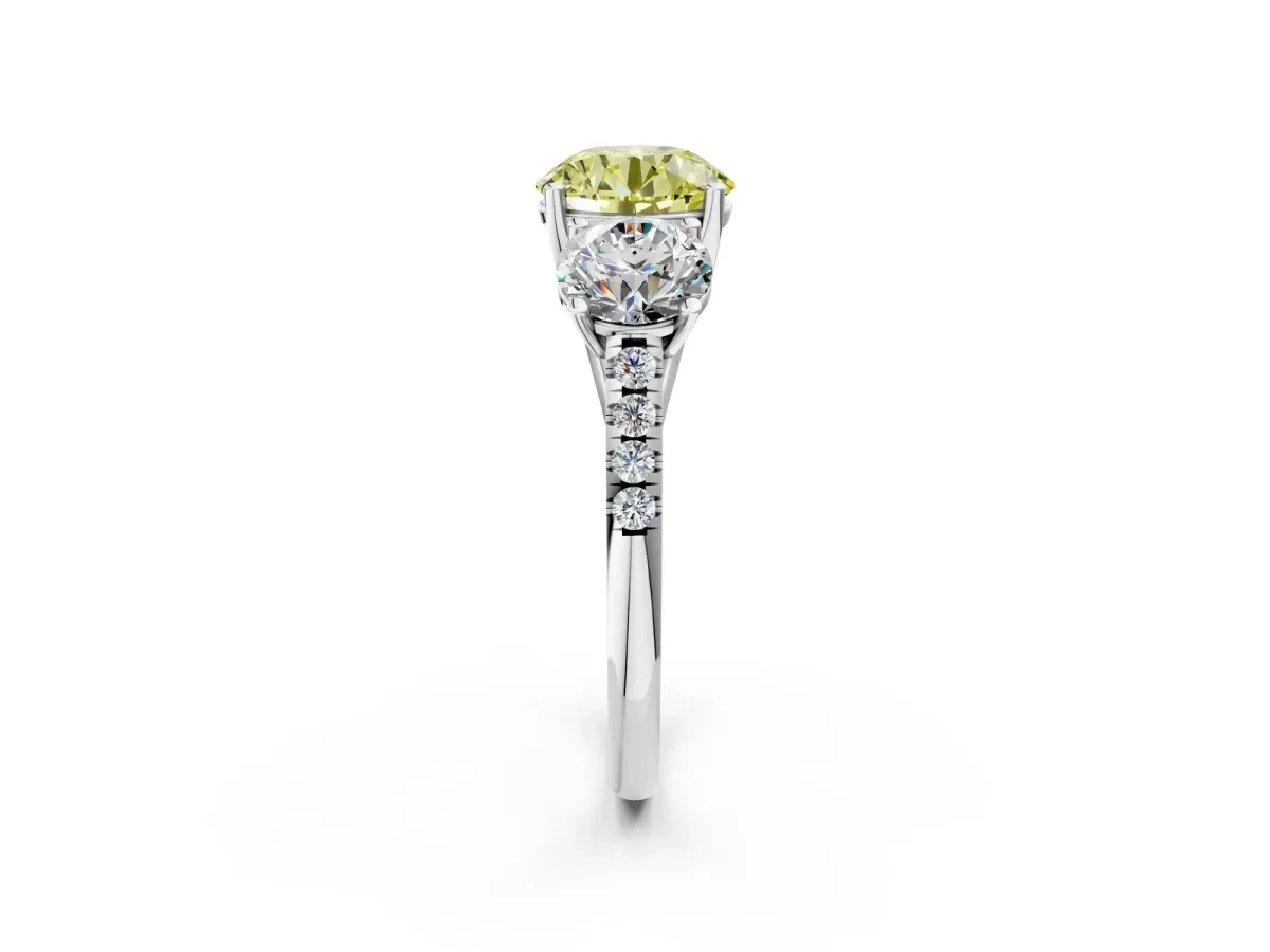Fancy Yellow Three-Stone Round Cut Diamond Ring with Round Pavé Band and Prong Setting Silver