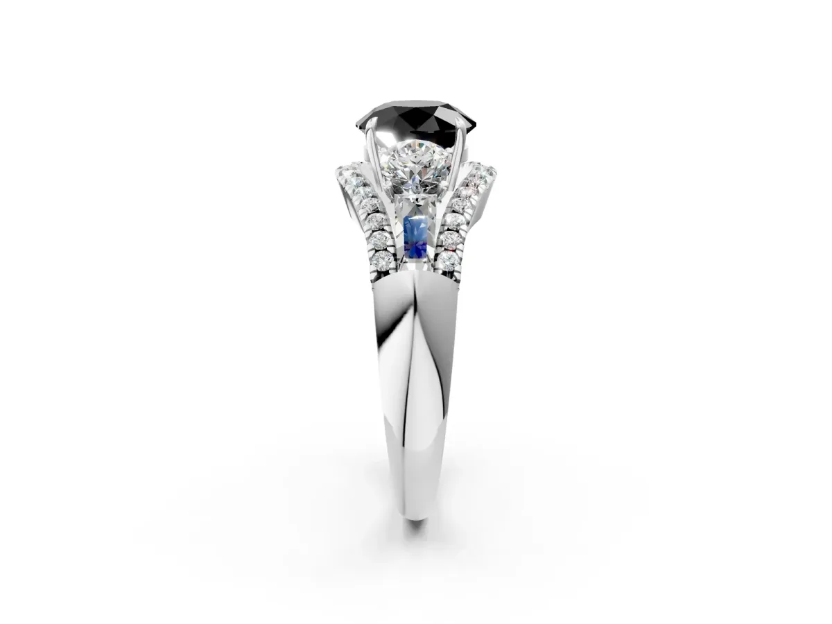 Fancy Black Three-Stone Round Cut Diamond Engagement Ring with Pave Band and Prong Setting Platinum